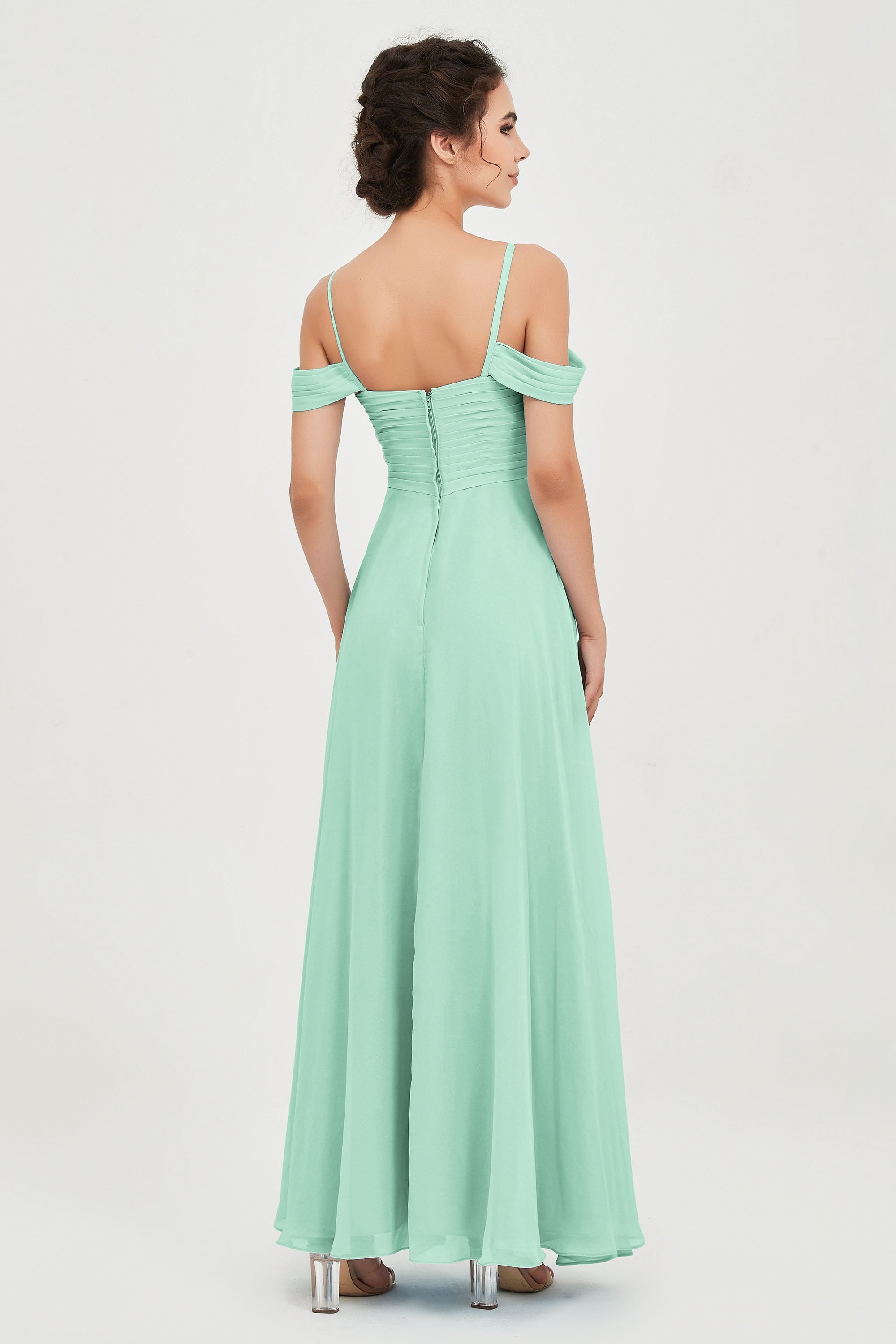 Spaghetti Straps Chiffon Off the Shoulder Bridesmaid Dress Floor Formal Evening Dresses Gowns
