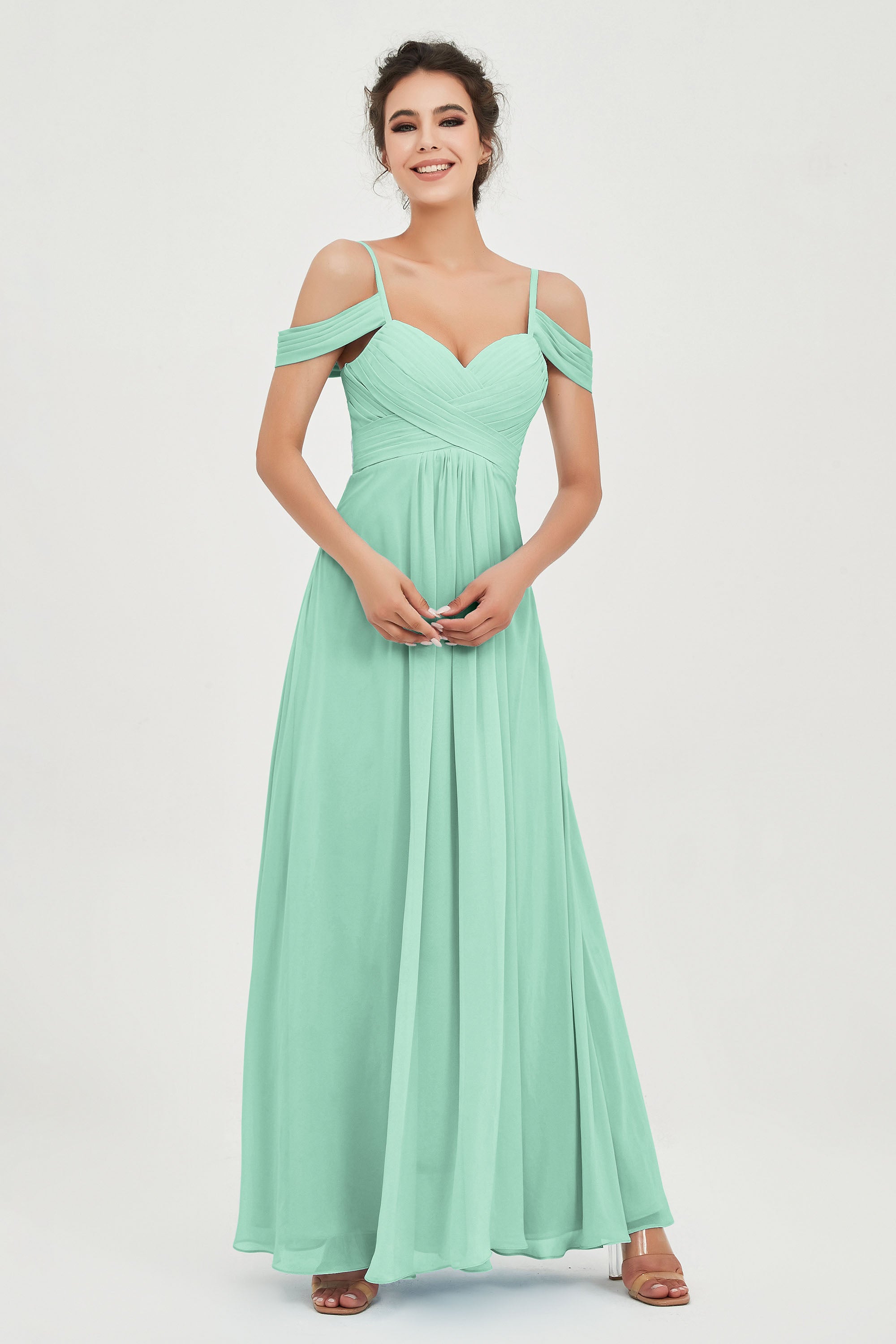 Spaghetti Straps Chiffon Off the Shoulder Bridesmaid Dress Floor Formal Evening Dresses Gowns