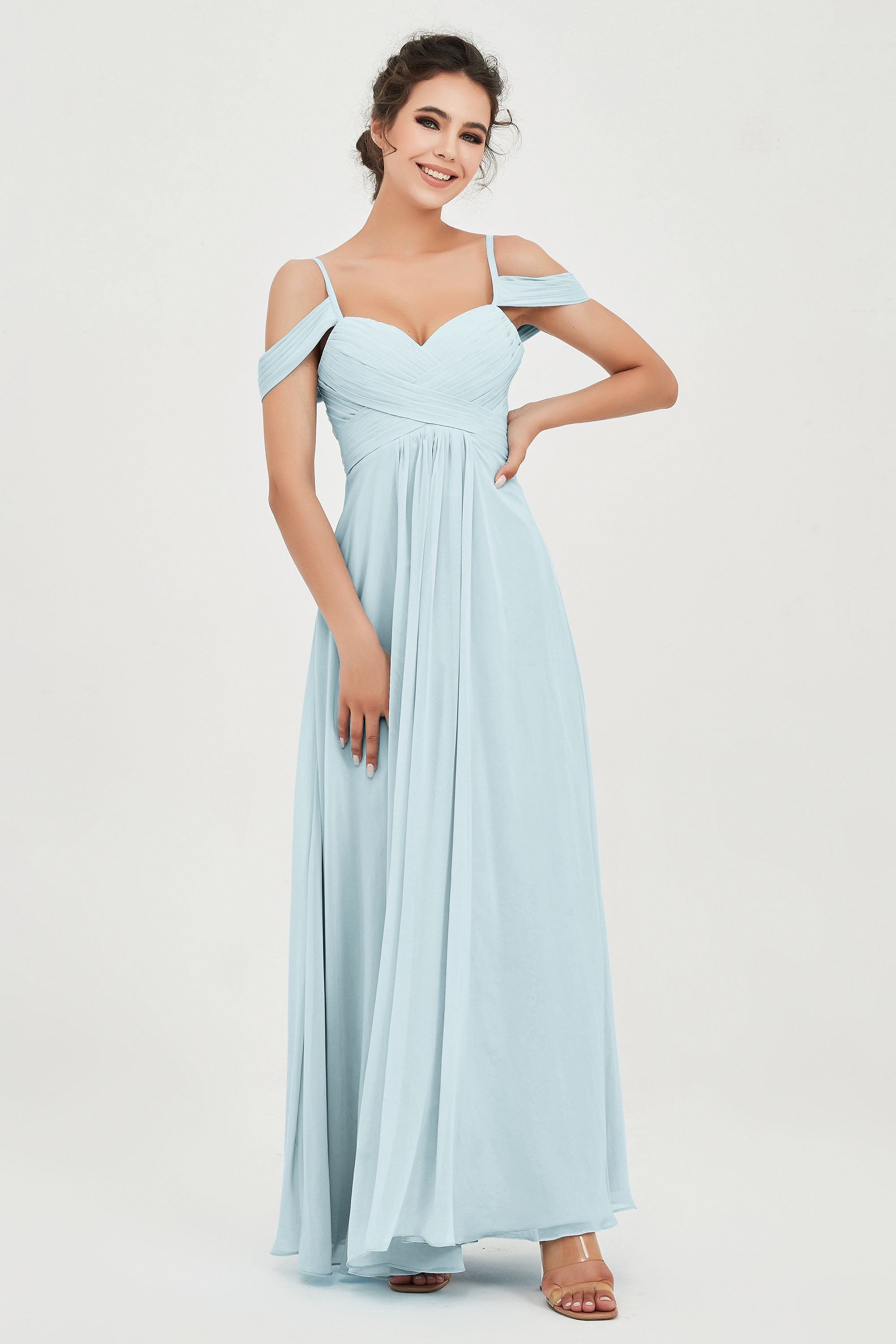Spaghetti Straps Chiffon Off the Shoulder Bridesmaid Dress Floor Formal Evening Dresses Gowns