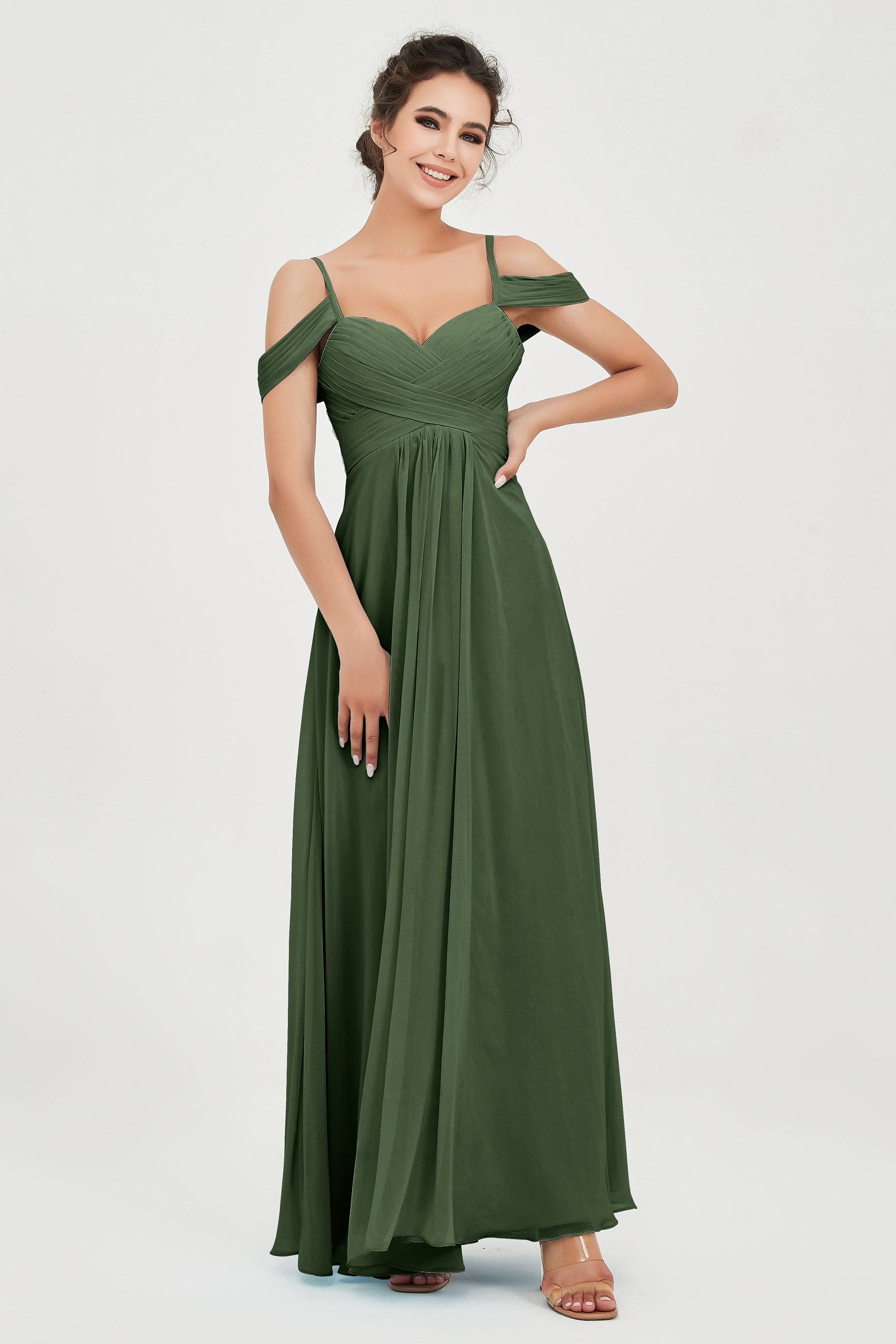 Spaghetti Straps Chiffon Off the Shoulder Bridesmaid Dress Floor Formal Evening Dresses Gowns