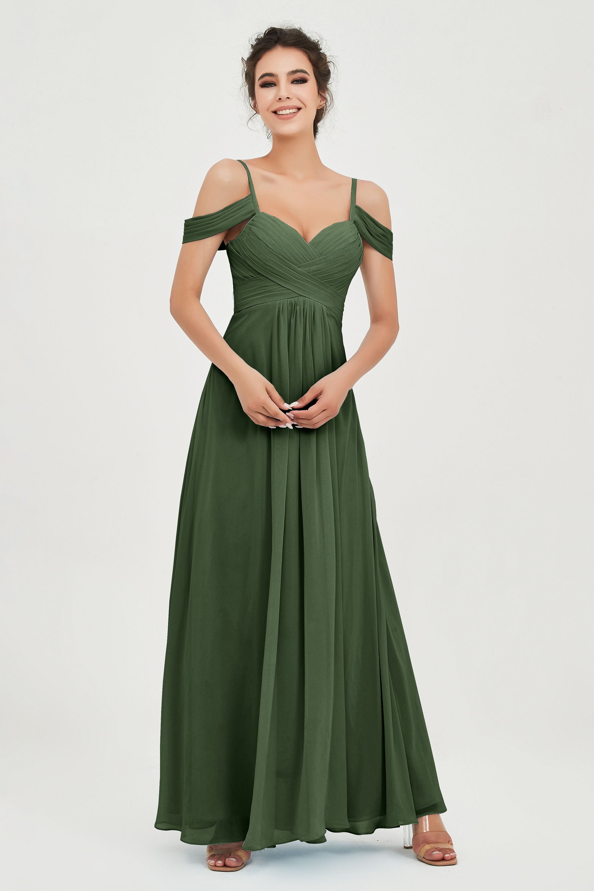 Spaghetti Straps Chiffon Off the Shoulder Bridesmaid Dress Floor Formal Evening Dresses Gowns