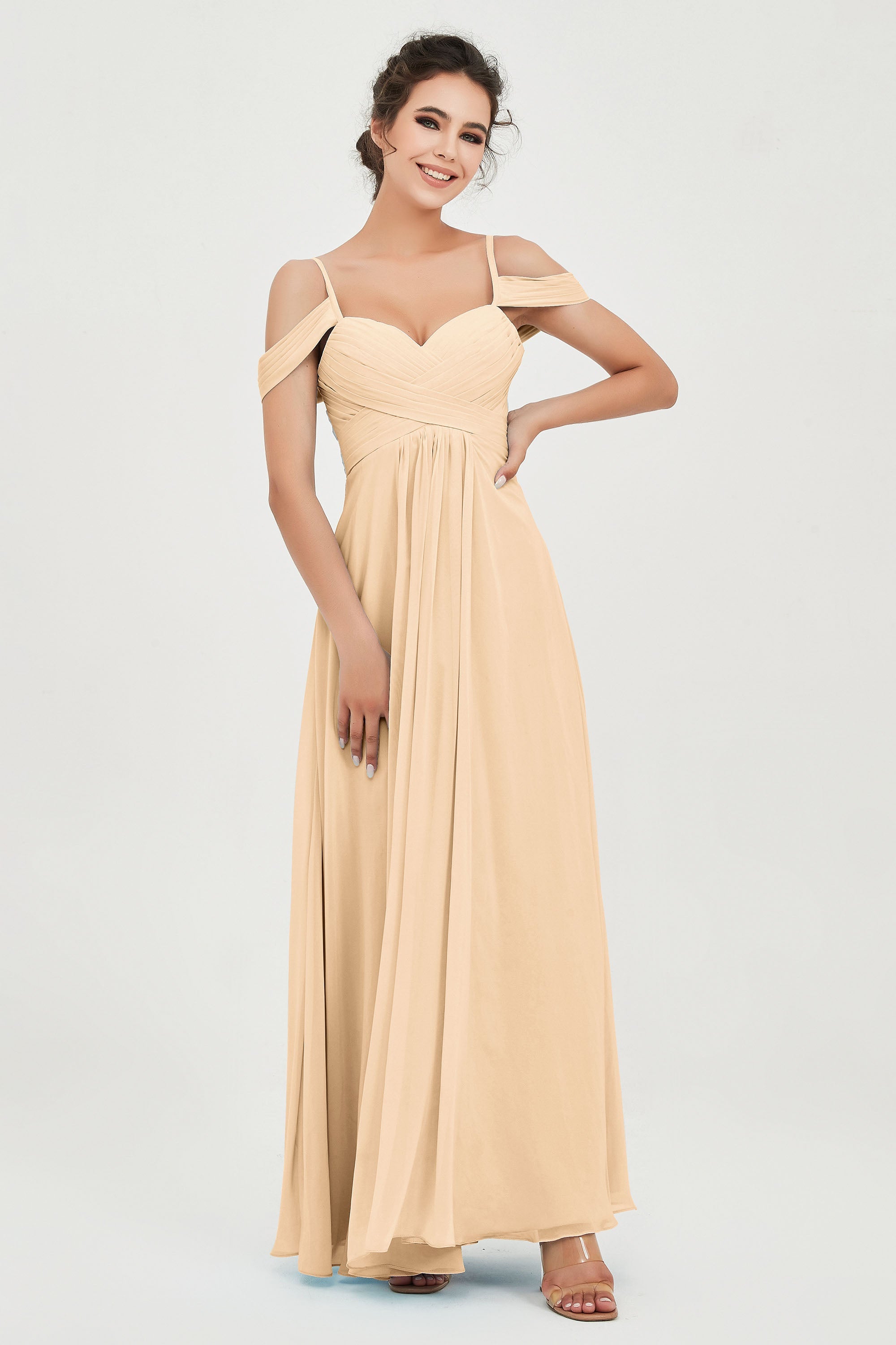 Spaghetti Straps Chiffon Off the Shoulder Bridesmaid Dress Floor Formal Evening Dresses Gowns