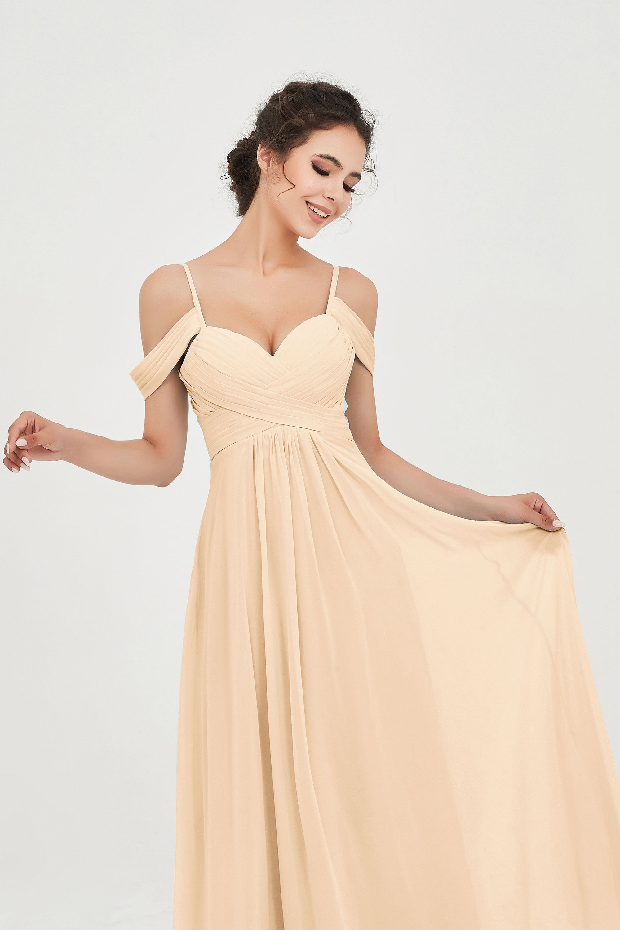 Spaghetti Straps Chiffon Off the Shoulder Bridesmaid Dress Floor Formal Evening Dresses Gowns