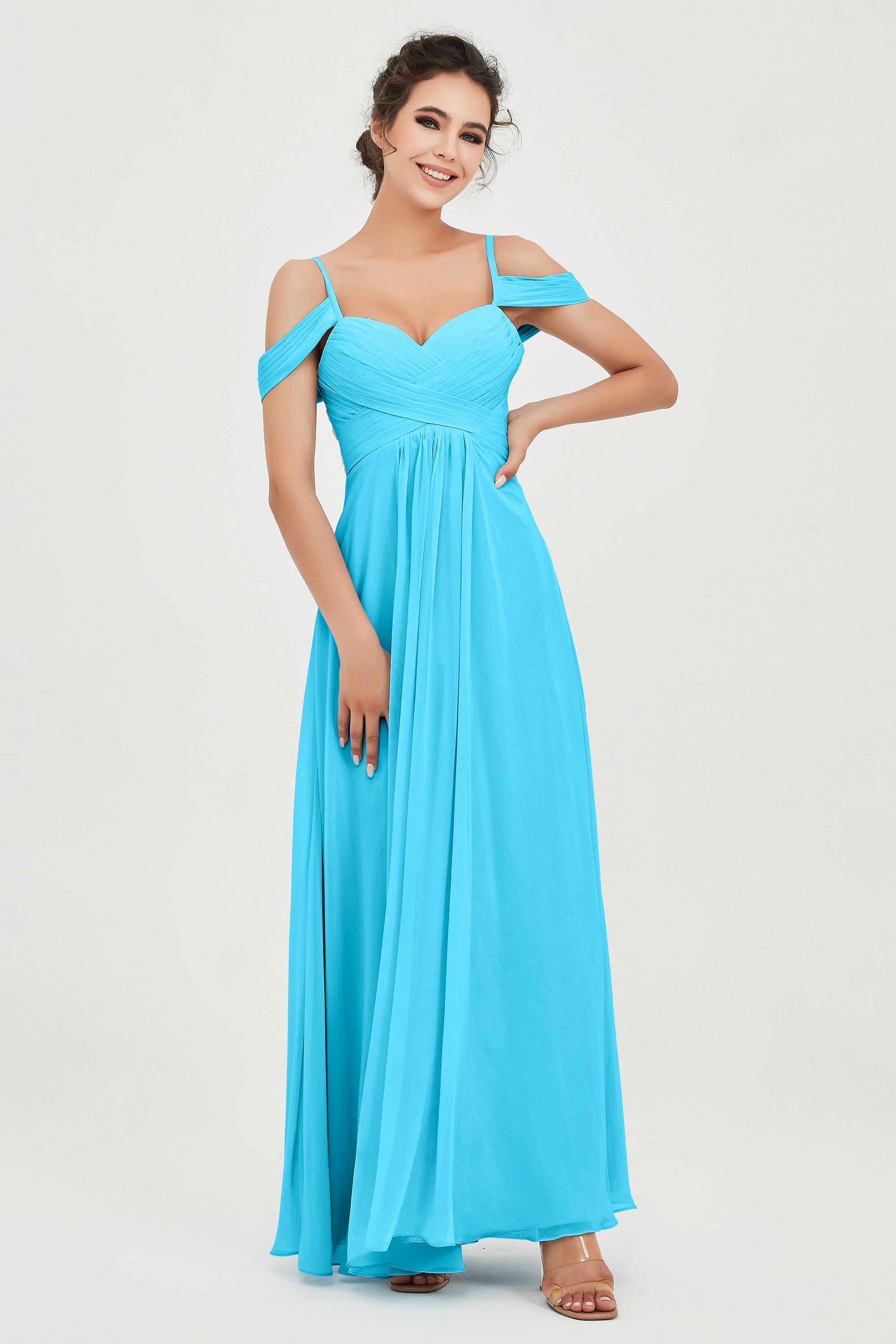 Spaghetti Straps Chiffon Off the Shoulder Bridesmaid Dress Floor Formal Evening Dresses Gowns