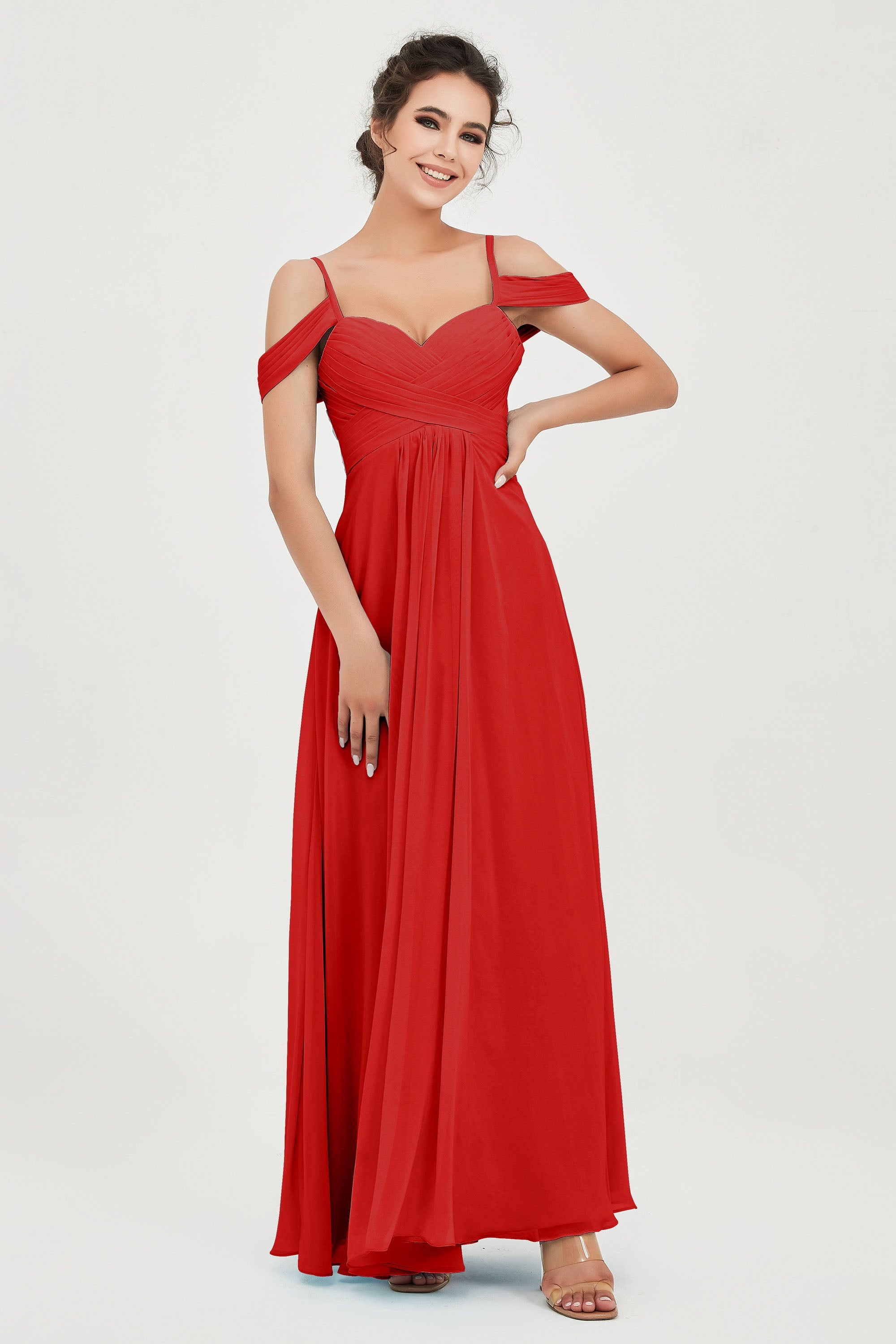 Spaghetti Straps Chiffon Off the Shoulder Bridesmaid Dress Floor Formal Evening Dresses Gowns