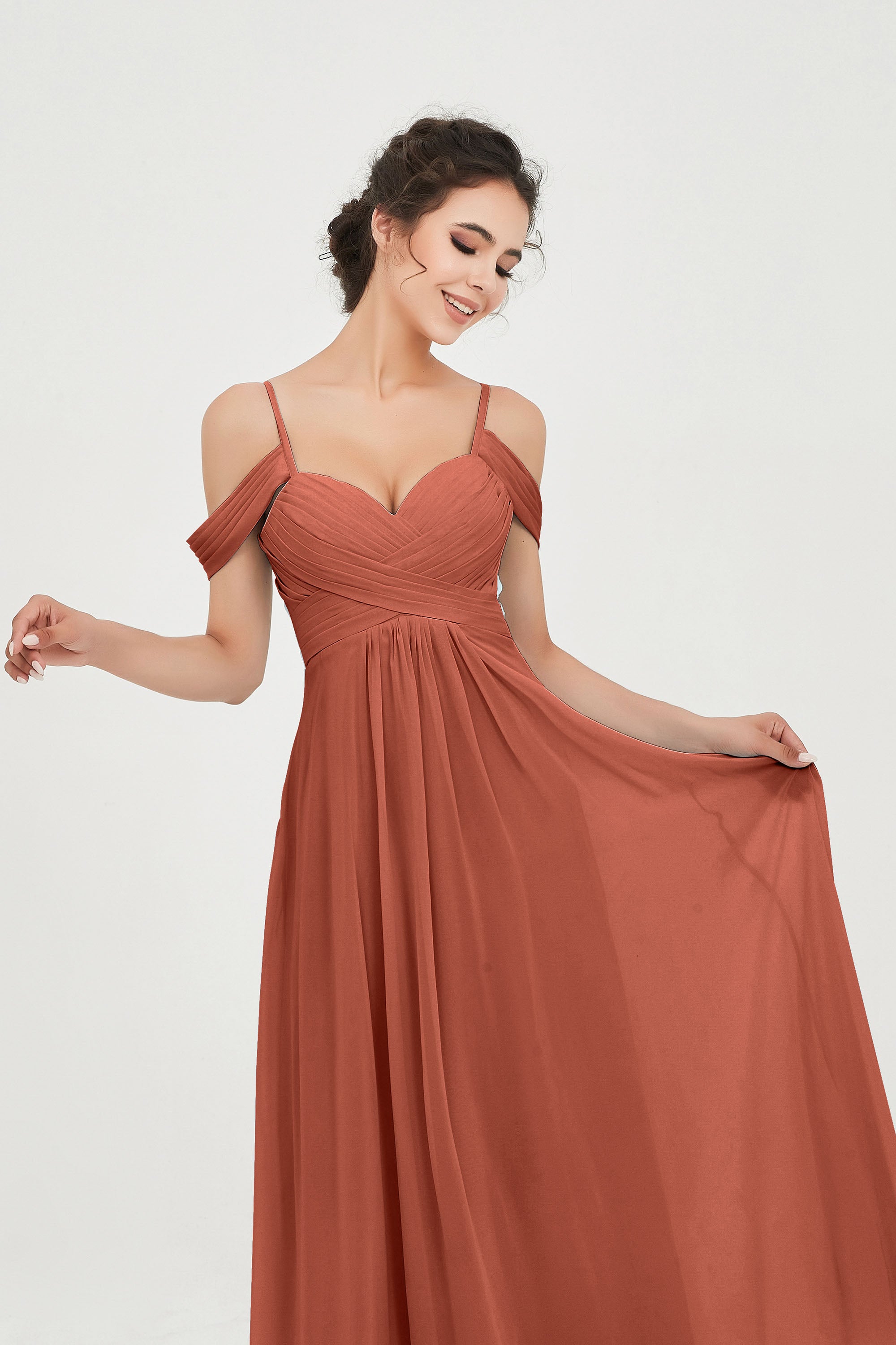 Spaghetti Straps Chiffon Off the Shoulder Bridesmaid Dress Floor Formal Evening Dresses Gowns
