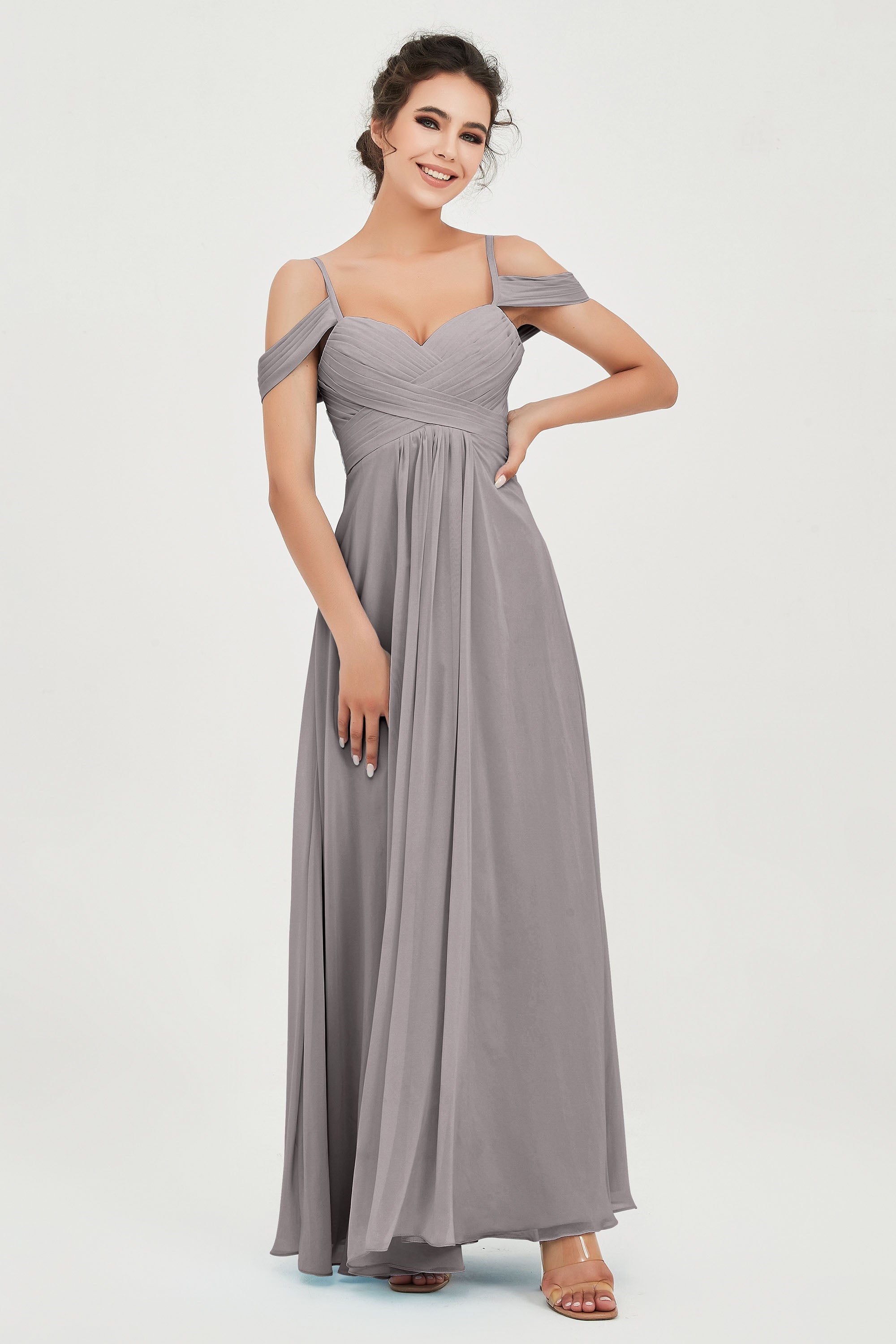 Spaghetti Straps Chiffon Off the Shoulder Bridesmaid Dress Floor Formal Evening Dresses Gowns
