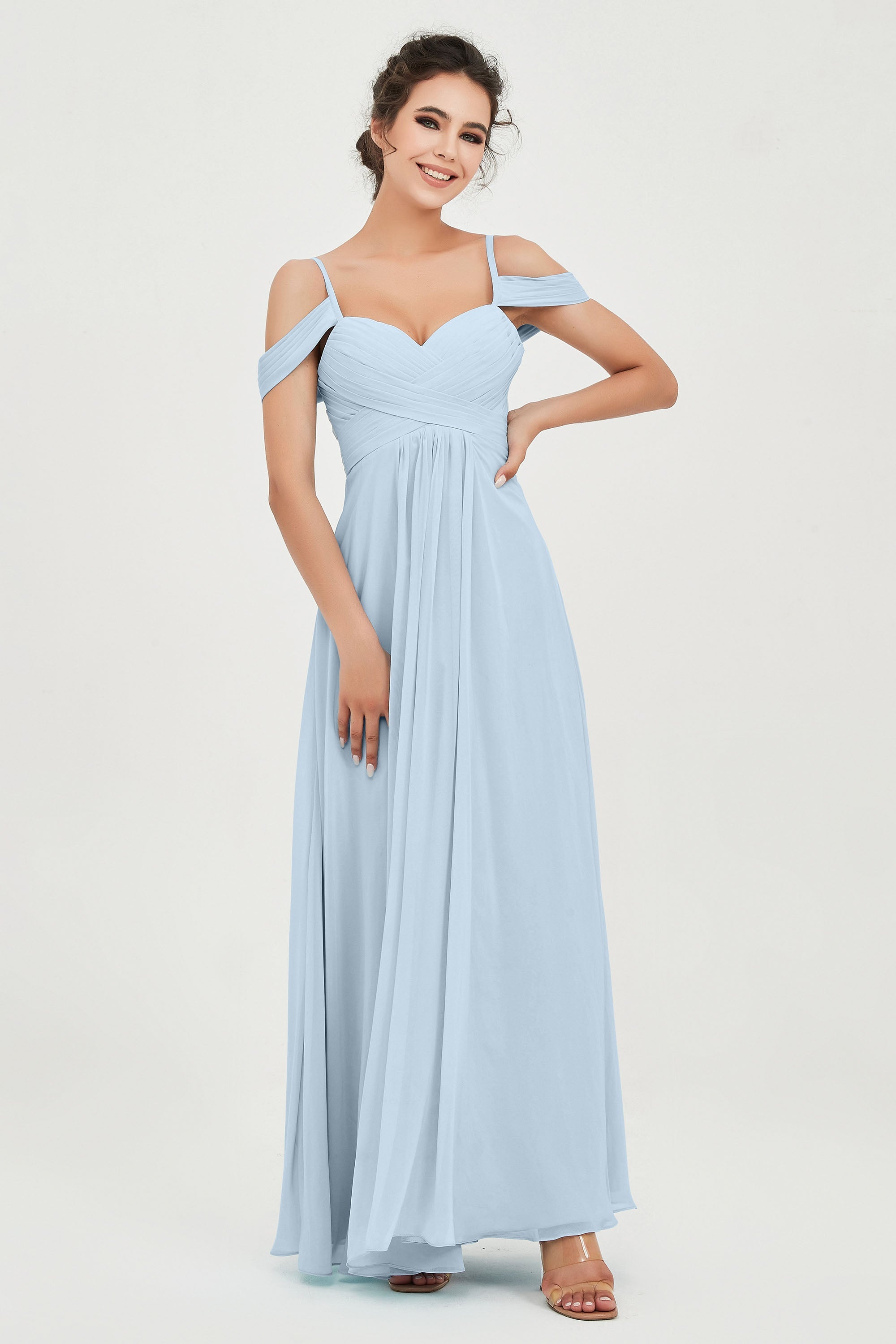 Spaghetti Straps Chiffon Off the Shoulder Bridesmaid Dress Floor Formal Evening Dresses Gowns