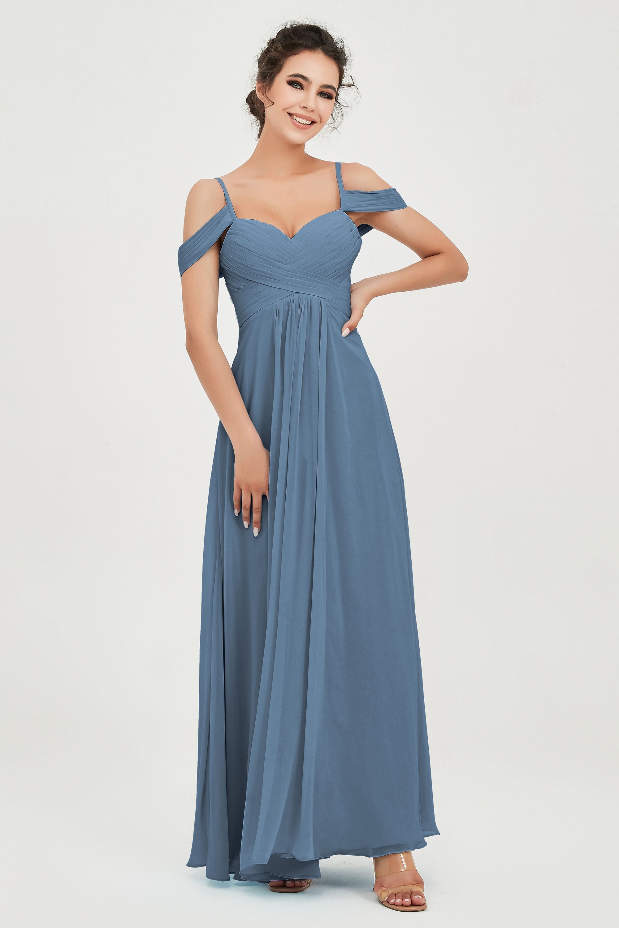Spaghetti Straps Chiffon Off the Shoulder Bridesmaid Dress Floor Formal Evening Dresses Gowns