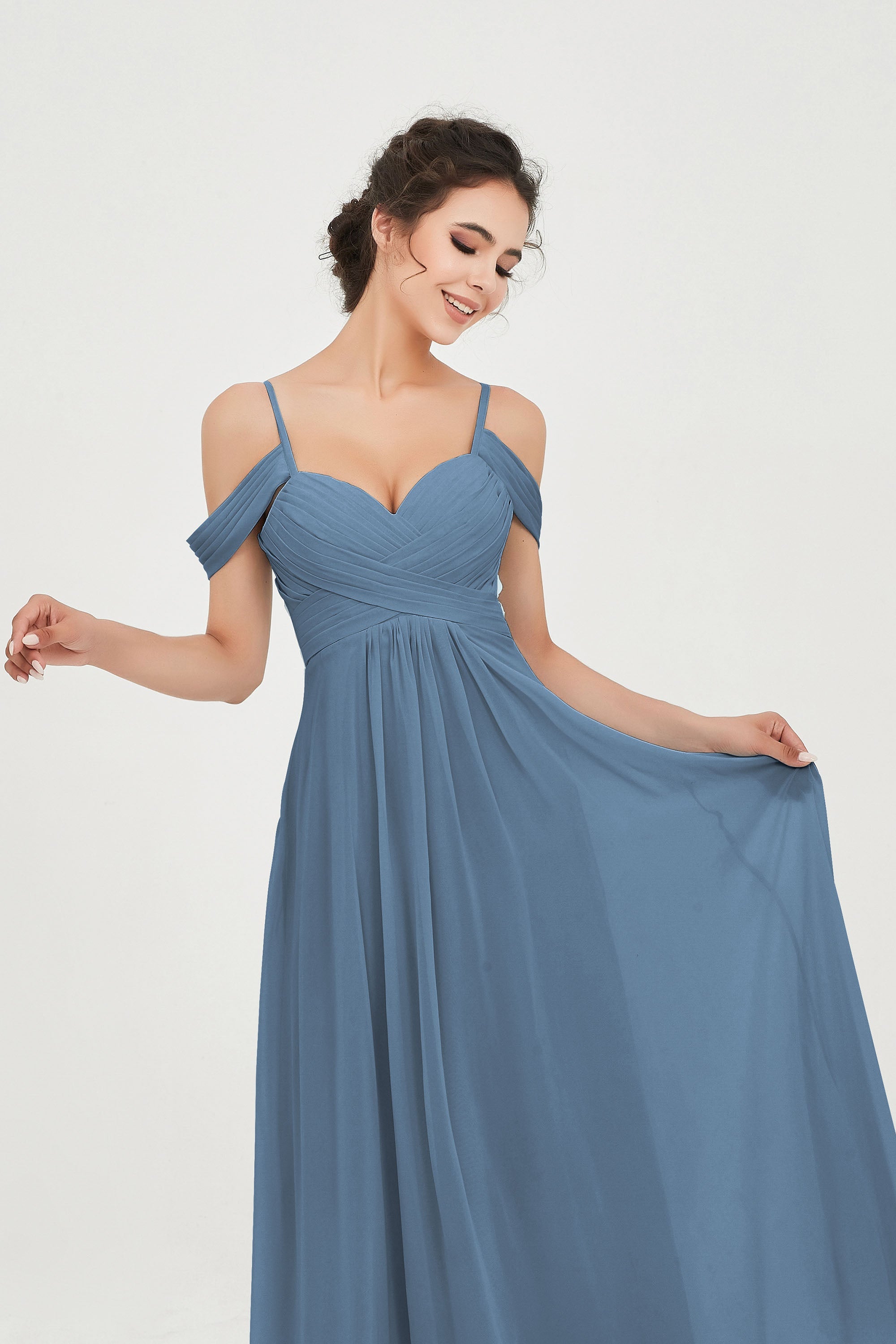 Spaghetti Straps Chiffon Off the Shoulder Bridesmaid Dress Floor Formal Evening Dresses Gowns