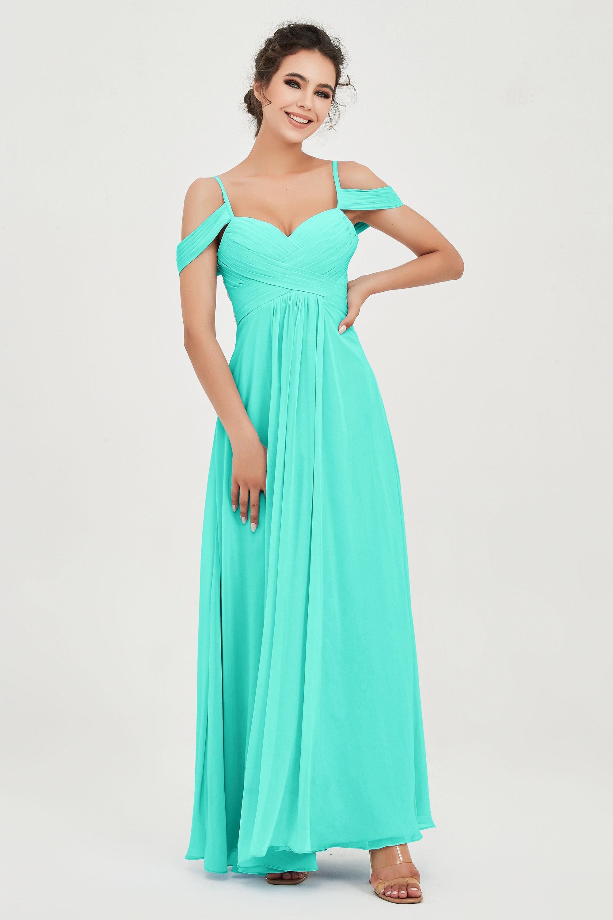Spaghetti Straps Chiffon Off the Shoulder Bridesmaid Dress Floor Formal Evening Dresses Gowns