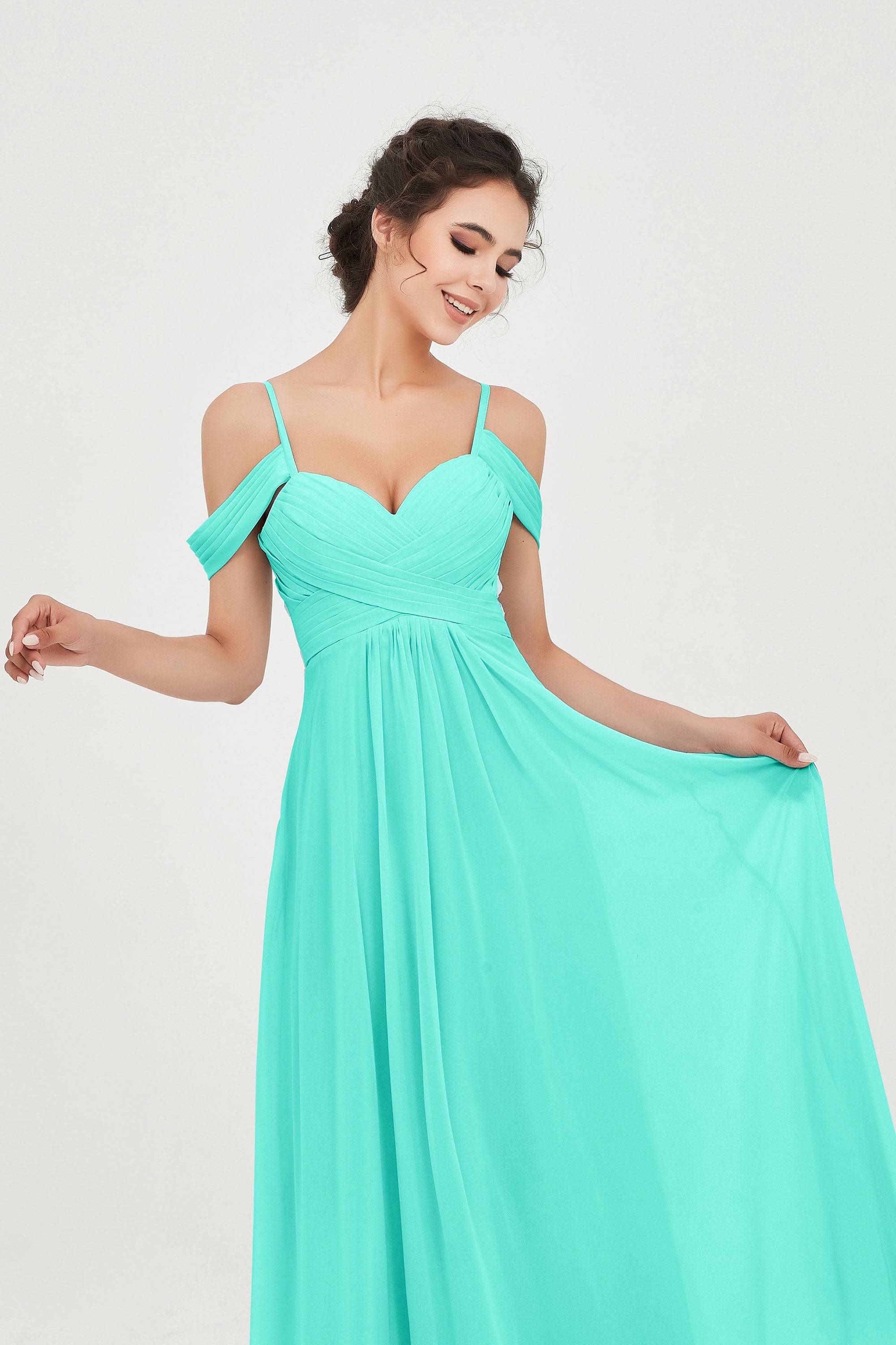 Spaghetti Straps Chiffon Off the Shoulder Bridesmaid Dress Floor Formal Evening Dresses Gowns