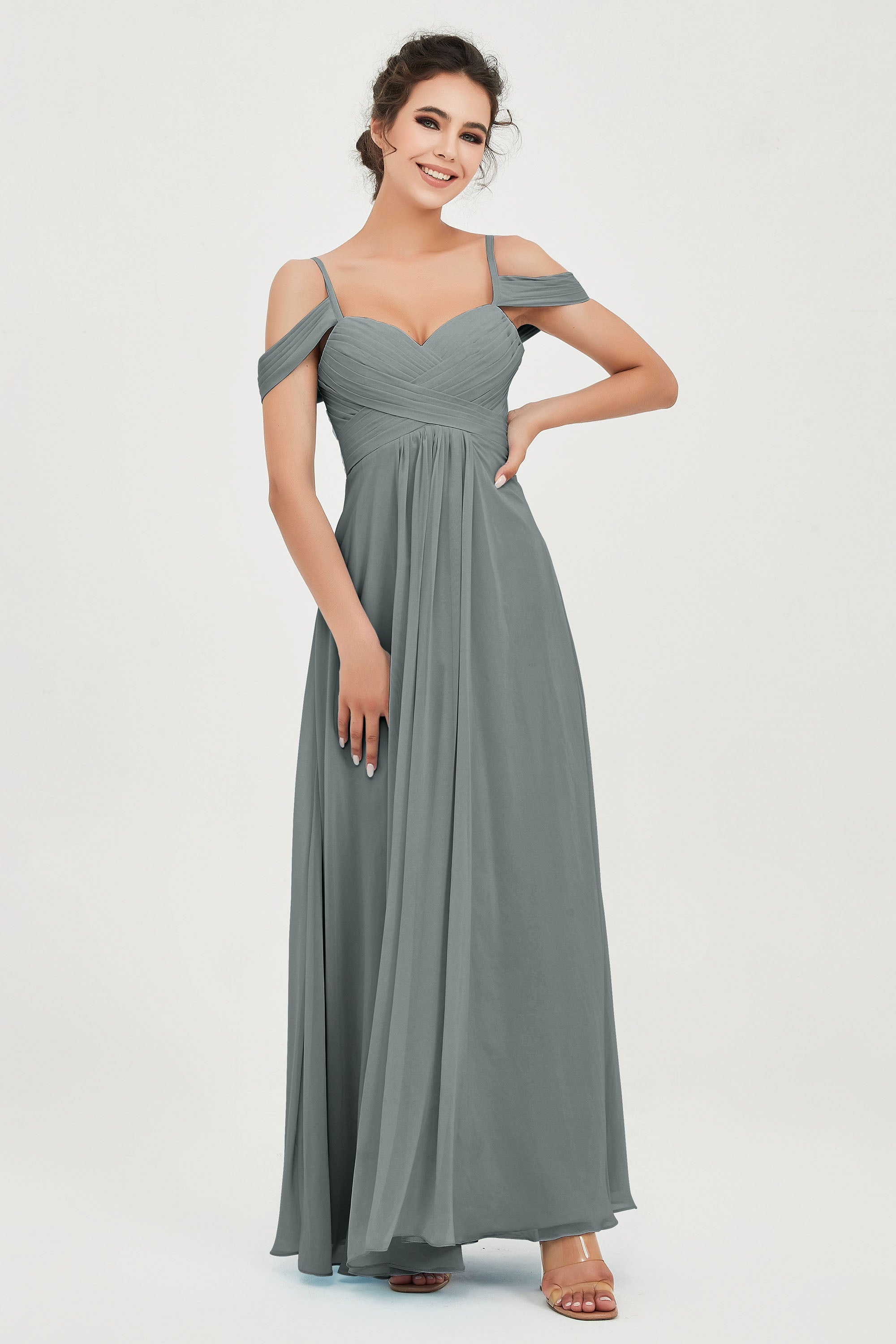 Spaghetti Straps Chiffon Off the Shoulder Bridesmaid Dress Floor Formal Evening Dresses Gowns