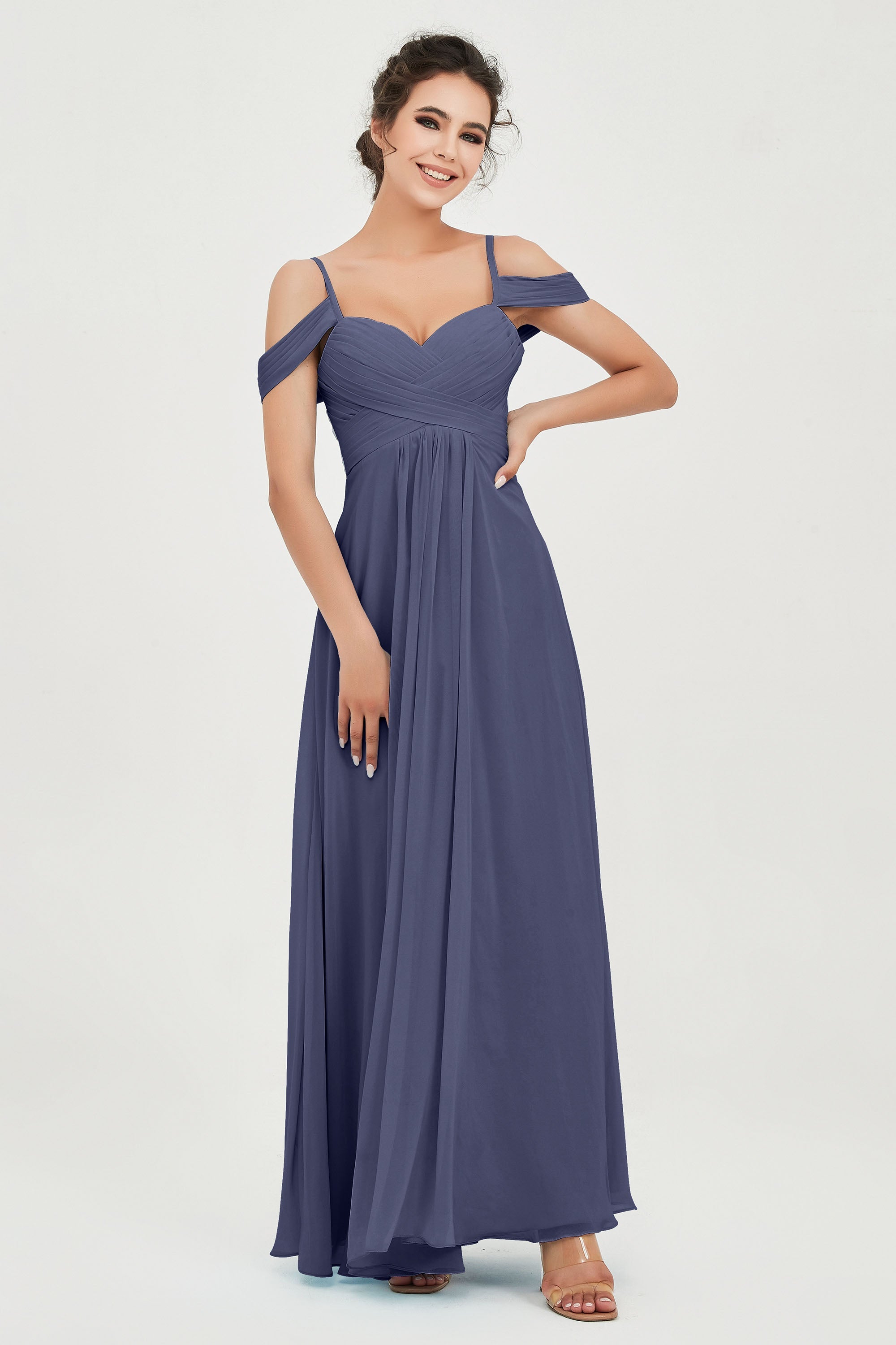 Spaghetti Straps Chiffon Off the Shoulder Bridesmaid Dress Floor Formal Evening Dresses Gowns