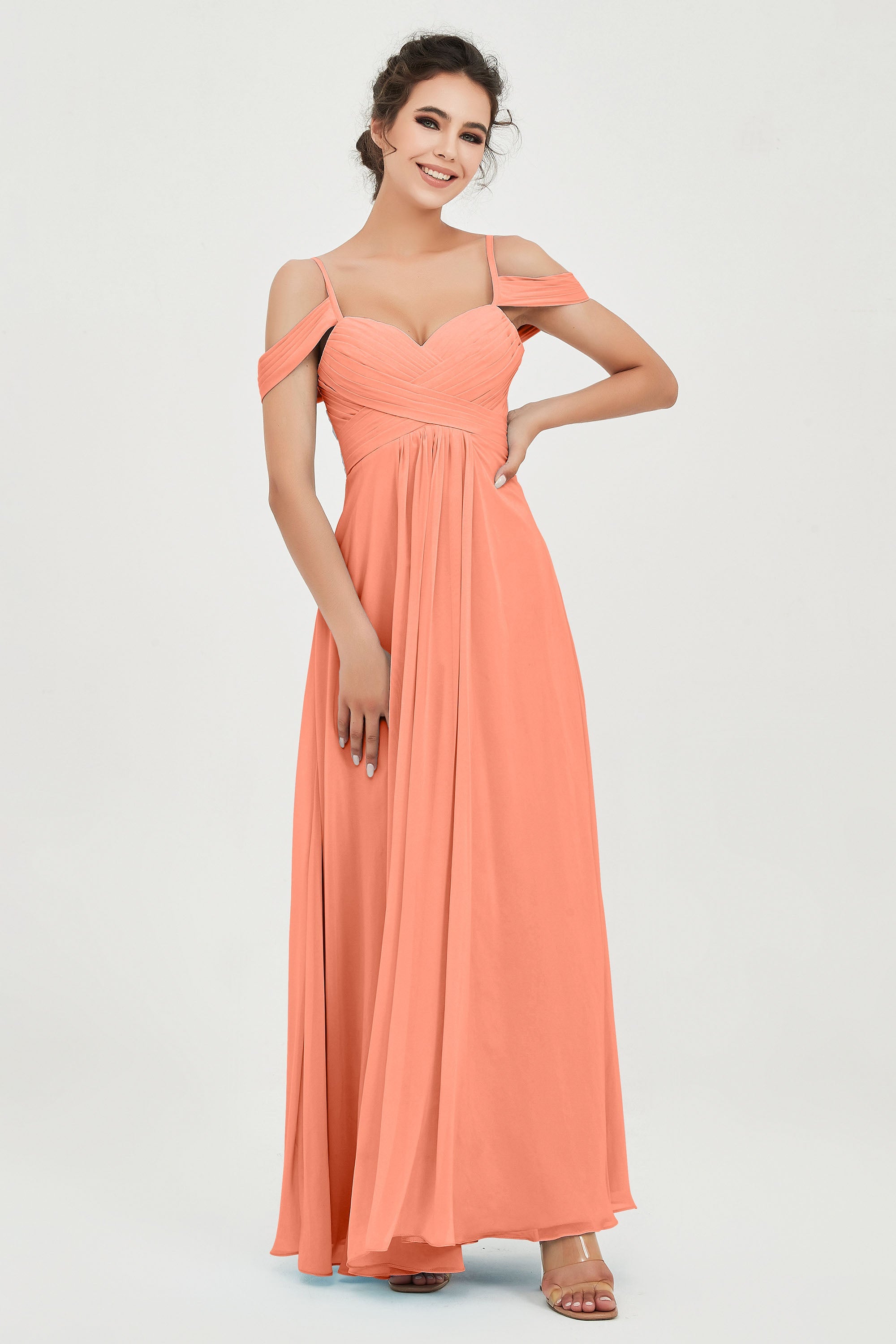 Spaghetti Straps Chiffon Off the Shoulder Bridesmaid Dress Floor Formal Evening Dresses Gowns