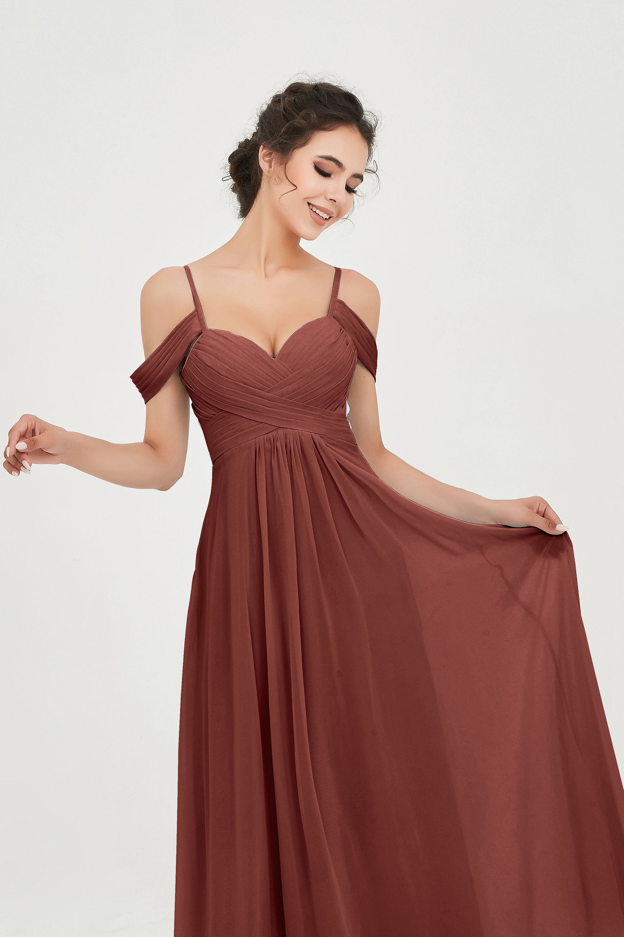 Spaghetti Straps Chiffon Off the Shoulder Bridesmaid Dress Floor Formal Evening Dresses Gowns