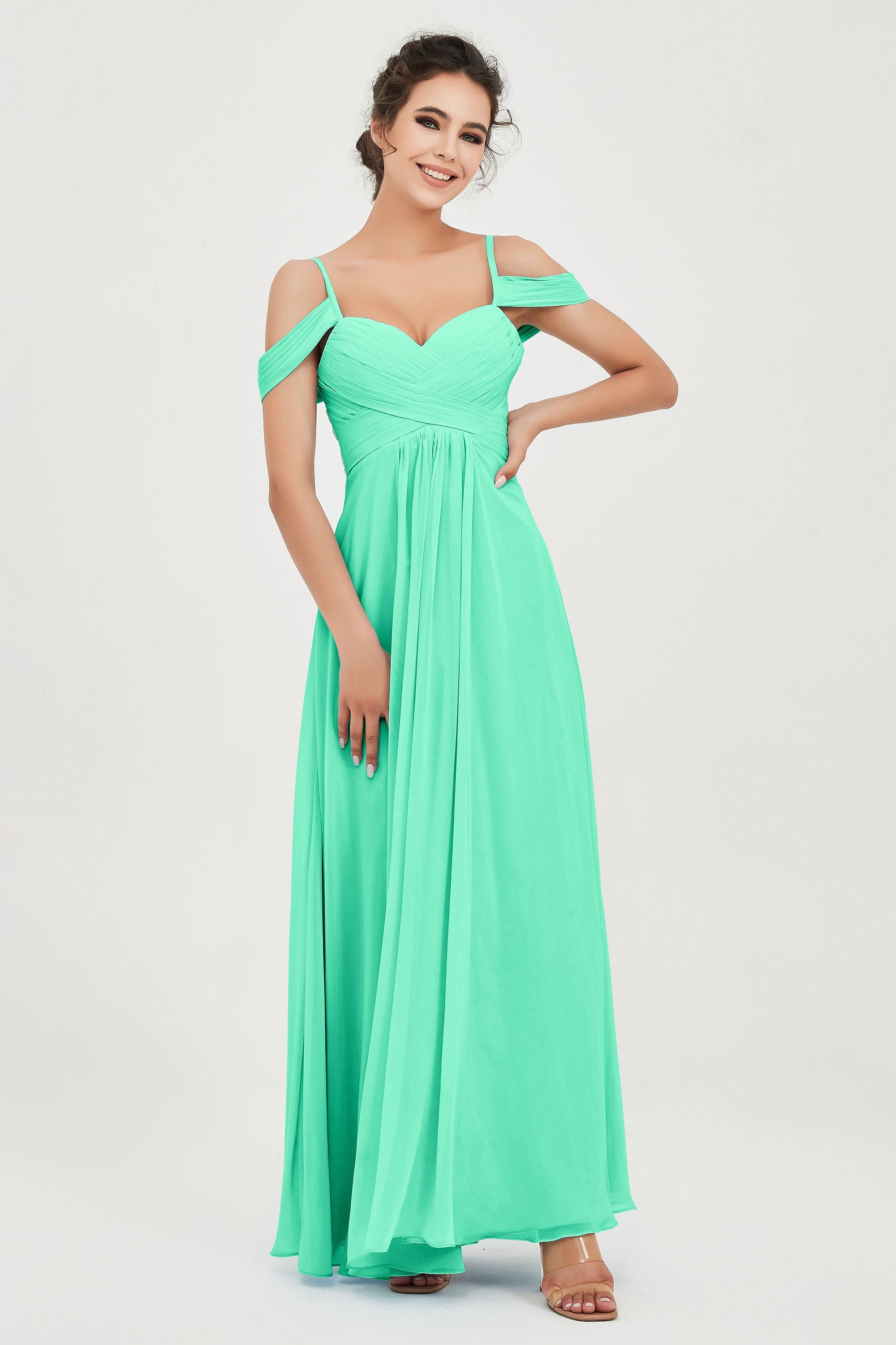 Spaghetti Straps Chiffon Off the Shoulder Bridesmaid Dress Floor Formal Evening Dresses Gowns