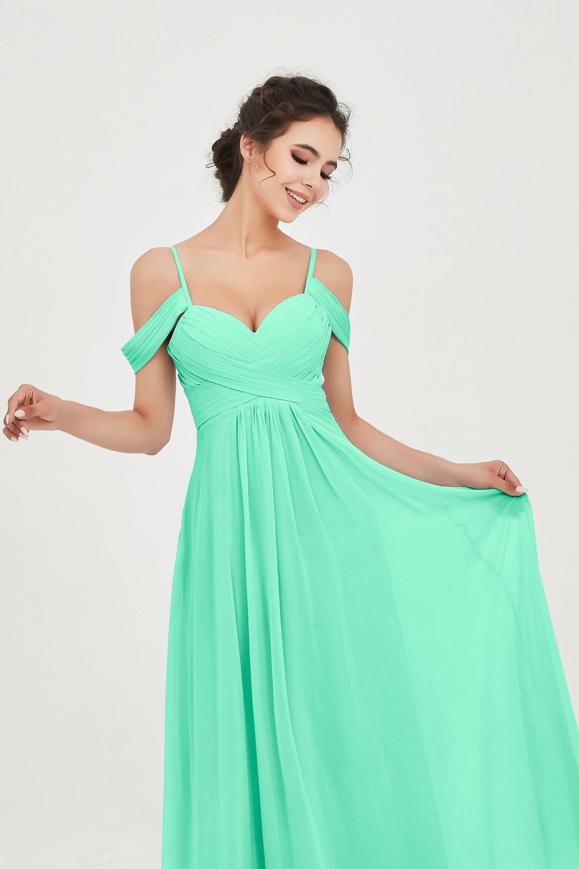 Spaghetti Straps Chiffon Off the Shoulder Bridesmaid Dress Floor Formal Evening Dresses Gowns