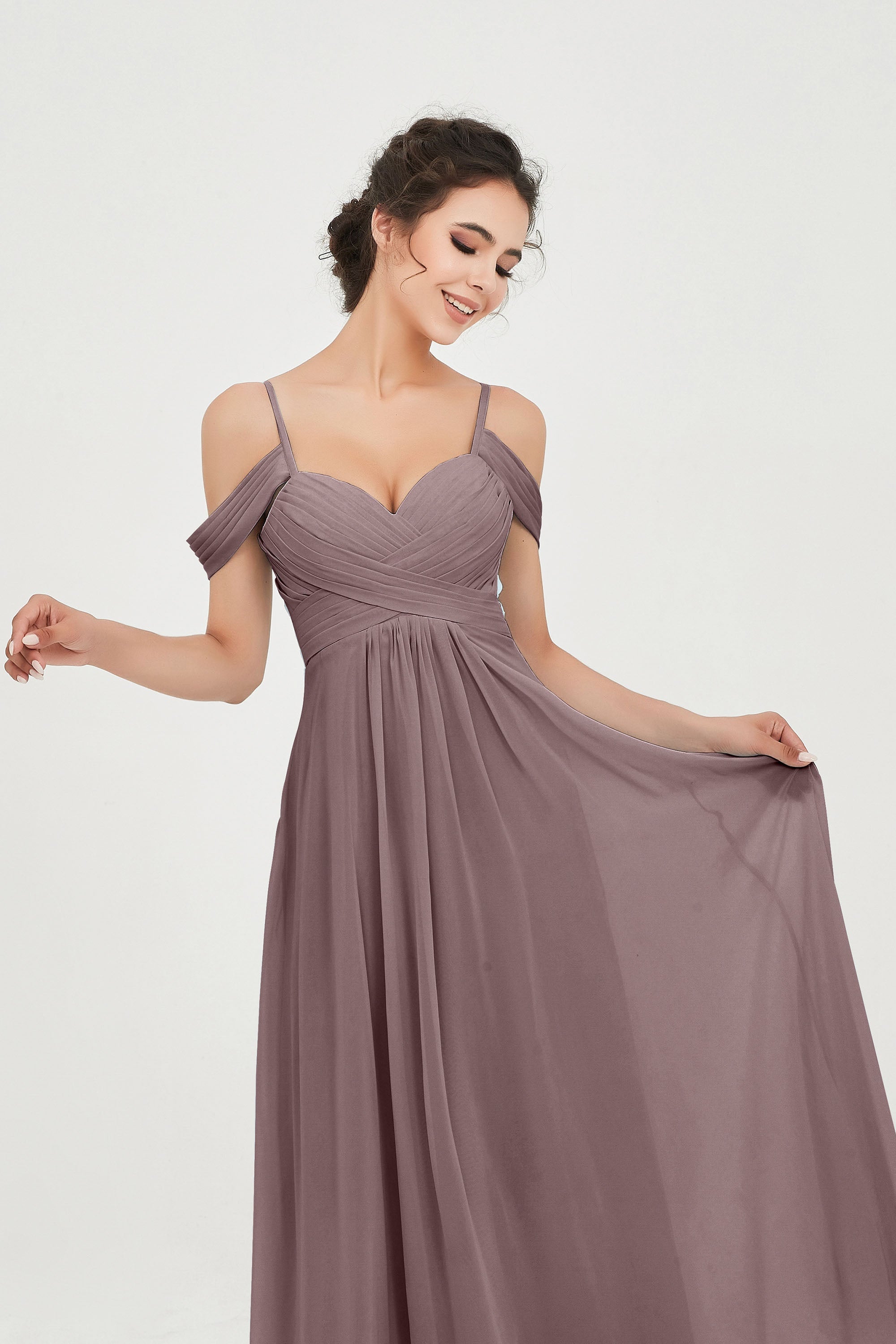 Spaghetti Straps Chiffon Off the Shoulder Bridesmaid Dress Floor Formal Evening Dresses Gowns