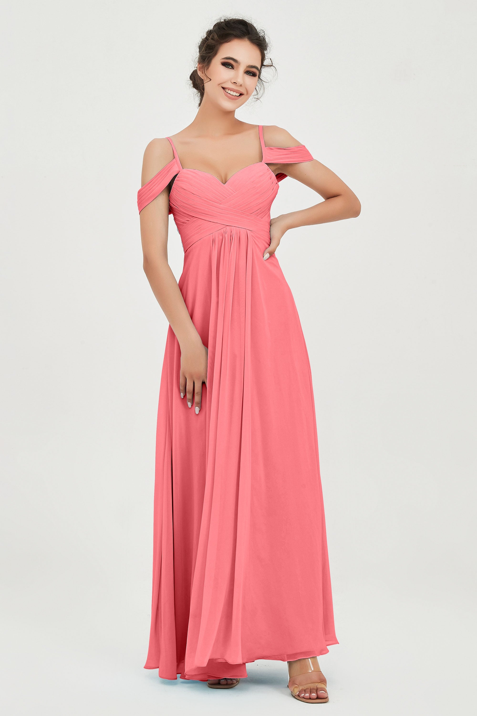 Spaghetti Straps Chiffon Off the Shoulder Bridesmaid Dress Floor Formal Evening Dresses Gowns