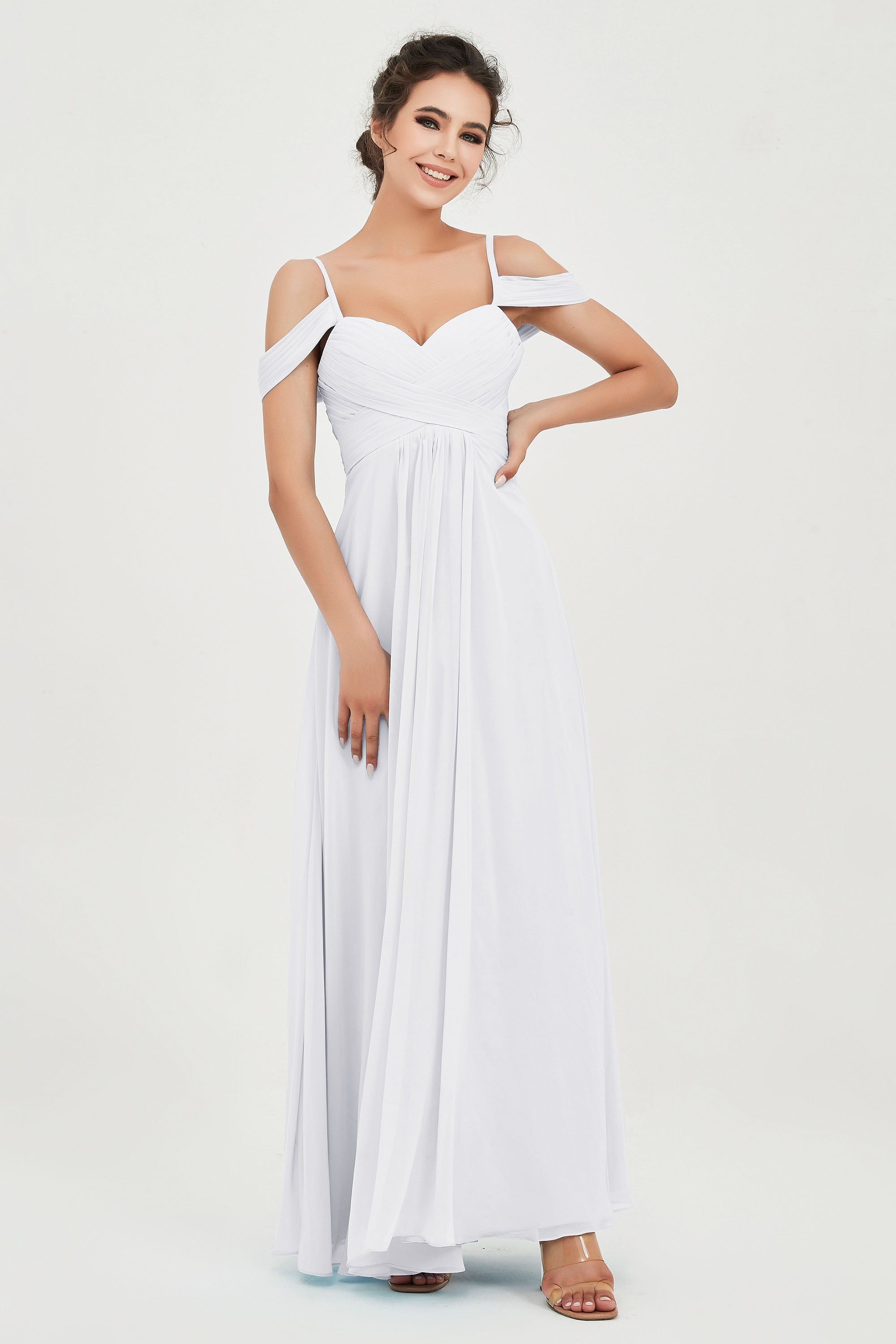 Spaghetti Straps Chiffon Off the Shoulder Bridesmaid Dress Floor Formal Evening Dresses Gowns