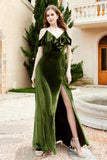 Flutter Sleeves Velvet Formal Evening Party Dresses with Slit Long Bridesmaid Dress Gowns