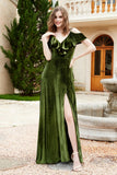 Flutter Sleeves Velvet Formal Evening Party Dresses with Slit Long Bridesmaid Dress Gowns