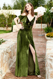 Flutter Sleeves Velvet Formal Evening Party Dresses with Slit Long Bridesmaid Dress Gowns