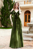 Flutter Sleeves Velvet Formal Evening Party Dresses with Slit Long Bridesmaid Dress Gowns