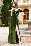 Flutter Sleeves Velvet Formal Evening Party Dresses with Slit Long Bridesmaid Dress Gowns