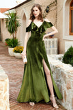 Flutter Sleeves Velvet Formal Evening Party Dresses with Slit Long Bridesmaid Dress Gowns
