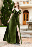 Flutter Sleeves Velvet Formal Evening Party Dresses with Slit Long Bridesmaid Dress Gowns