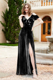 Flutter Sleeves Velvet Formal Evening Party Dresses with Slit Long Bridesmaid Dress Gowns