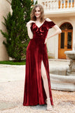 Flutter Sleeves Velvet Formal Evening Party Dresses with Slit Long Bridesmaid Dress Gowns