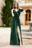 Flutter Sleeves Velvet Formal Evening Party Dresses with Slit Long Bridesmaid Dress Gowns
