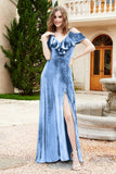 Flutter Sleeves Velvet Formal Evening Party Dresses with Slit Long Bridesmaid Dress Gowns