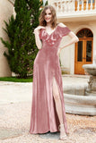 Flutter Sleeves Velvet Formal Evening Party Dresses with Slit Long Bridesmaid Dress Gowns