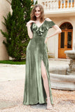 Flutter Sleeves Velvet Formal Evening Party Dresses with Slit Long Bridesmaid Dress Gowns