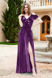 Flutter Sleeves Velvet Formal Evening Party Dresses with Slit Long Bridesmaid Dress Gowns