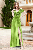 Flutter Sleeves Velvet Formal Evening Party Dresses with Slit Long Bridesmaid Dress Gowns