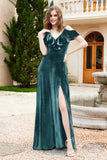 Flutter Sleeves Velvet Formal Evening Party Dresses with Slit Long Bridesmaid Dress Gowns