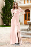 Flutter Sleeves Velvet Formal Evening Party Dresses with Slit Long Bridesmaid Dress Gowns