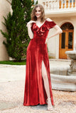 Flutter Sleeves Velvet Formal Evening Party Dresses with Slit Long Bridesmaid Dress Gowns