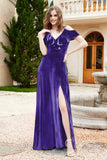 Flutter Sleeves Velvet Formal Evening Party Dresses with Slit Long Bridesmaid Dress Gowns