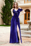Flutter Sleeves Velvet Formal Evening Party Dresses with Slit Long Bridesmaid Dress Gowns