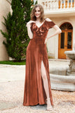 Flutter Sleeves Velvet Formal Evening Party Dresses with Slit Long Bridesmaid Dress Gowns
