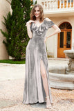 Flutter Sleeves Velvet Formal Evening Party Dresses with Slit Long Bridesmaid Dress Gowns