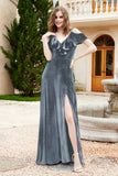 Flutter Sleeves Velvet Formal Evening Party Dresses with Slit Long Bridesmaid Dress Gowns