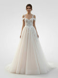 A-Line Off-The-Shoulder Tulle Wedding Dresses With Appliques Lace