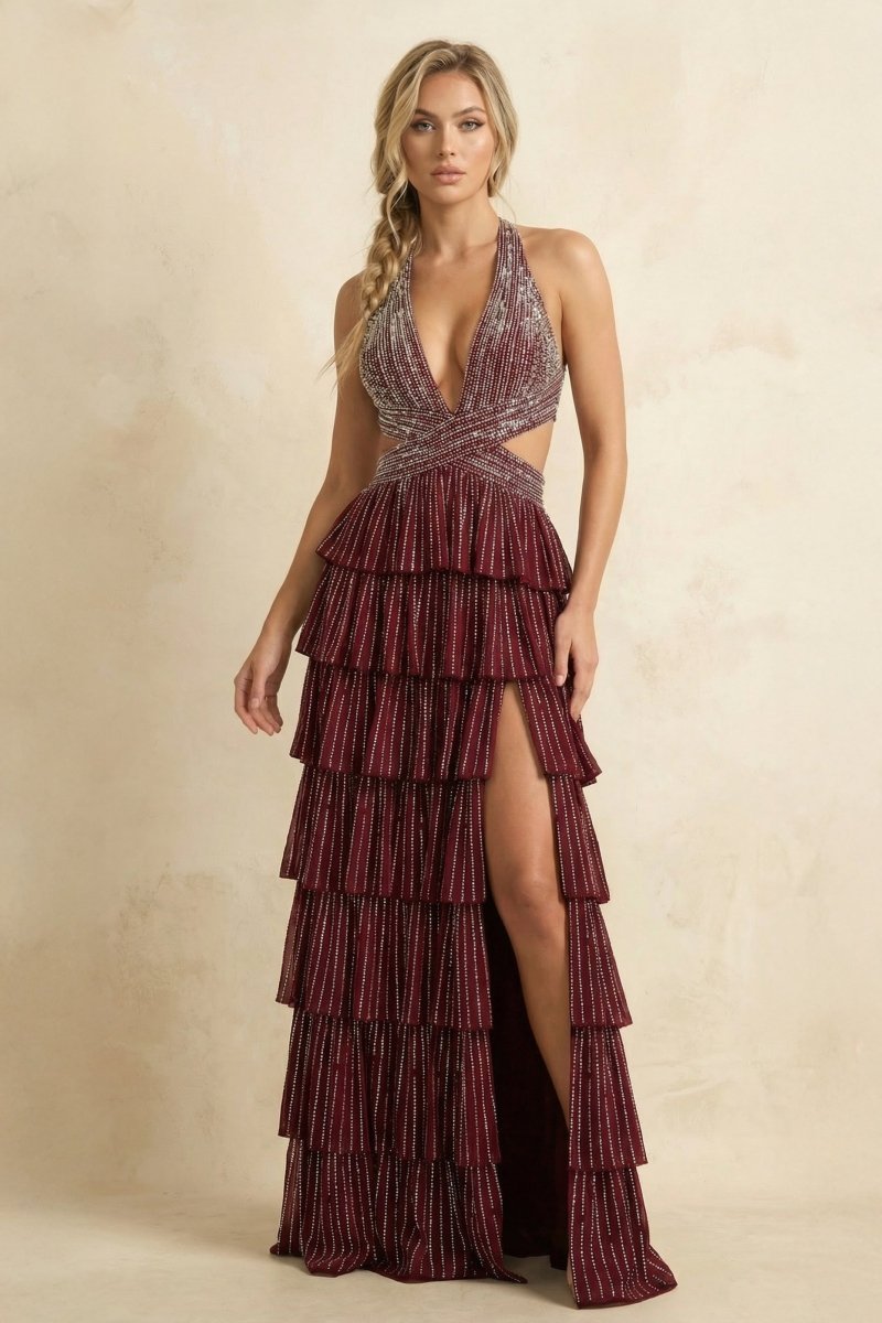 Burgundy - A-Line Halter Satin Beaded Long Prom Dresses With Ruffles